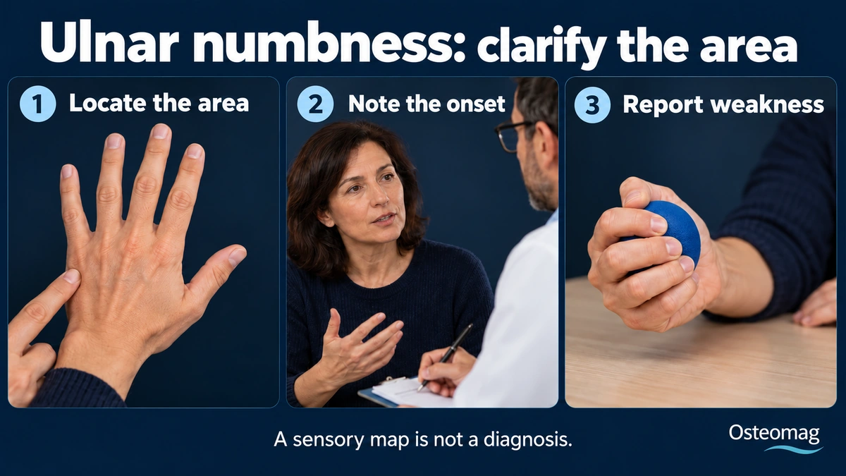 Locating an area on the back of the hand, discussing onset and assessing function.