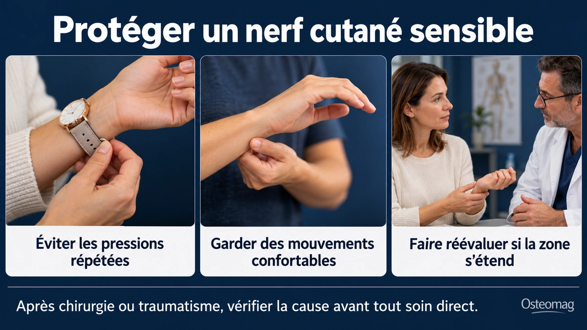 Bracelet desserré, mouvement confortable du poignet et discussion clinique.