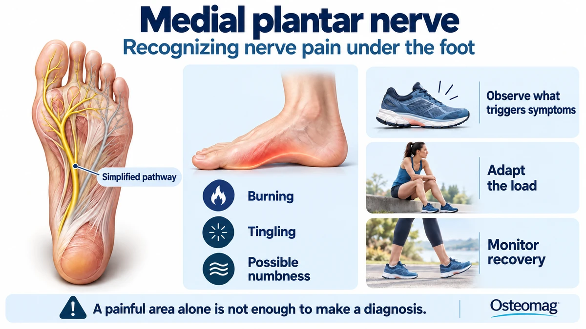 Simplified medial plantar nerve pathway and possible nerve symptoms under the foot