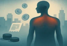 Précarité, travail et douleur musculosquelettique : ce que l’ostéopathe doit comprendre Illustration des contraintes financières et de la douleur : silhouette, ville, pièces et facture, sans schéma anatomique.