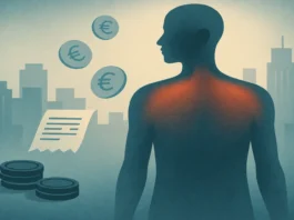 Illustration des contraintes financières et de la douleur : silhouette, ville, pièces et facture, sans schéma anatomique.