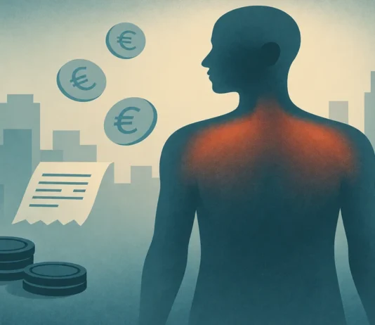 Illustration des contraintes financières et de la douleur : silhouette, ville, pièces et facture, sans schéma anatomique.