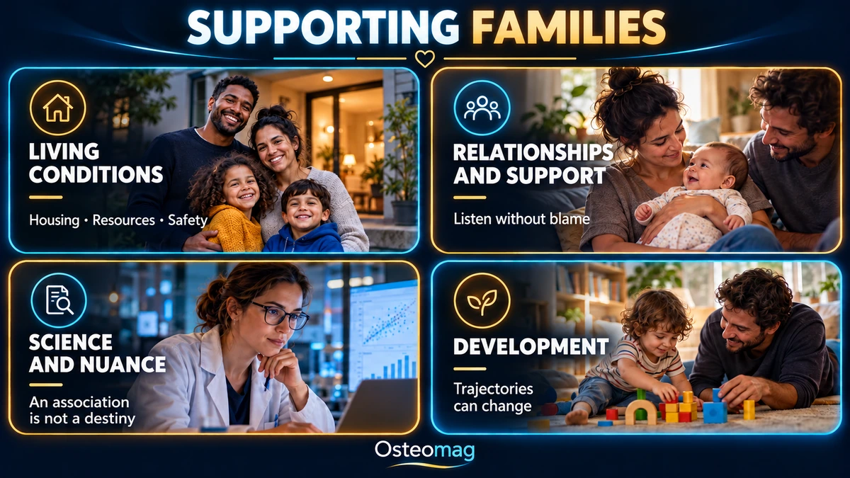 Osteomag infographic: living conditions, relationships and support, nuanced science, and child development.