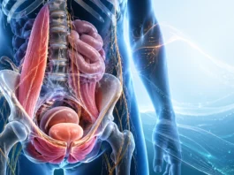 Visceral and myofascial pain: what science shows Stylized illustration of the lumbopelvic region and internal organs, without text