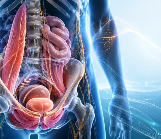 Stylized illustration of the lumbopelvic region and internal organs, without text