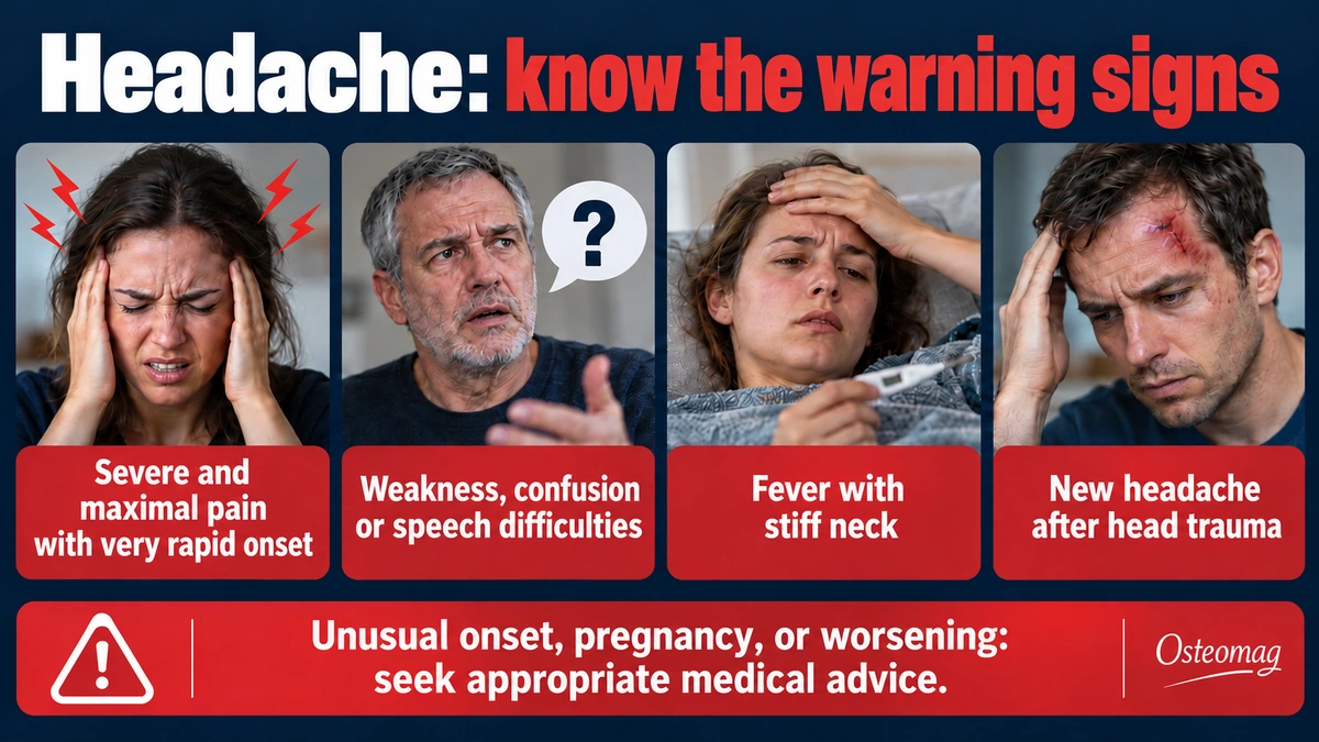 Headache warning signs: sudden onset, neurological deficit, fever or trauma
