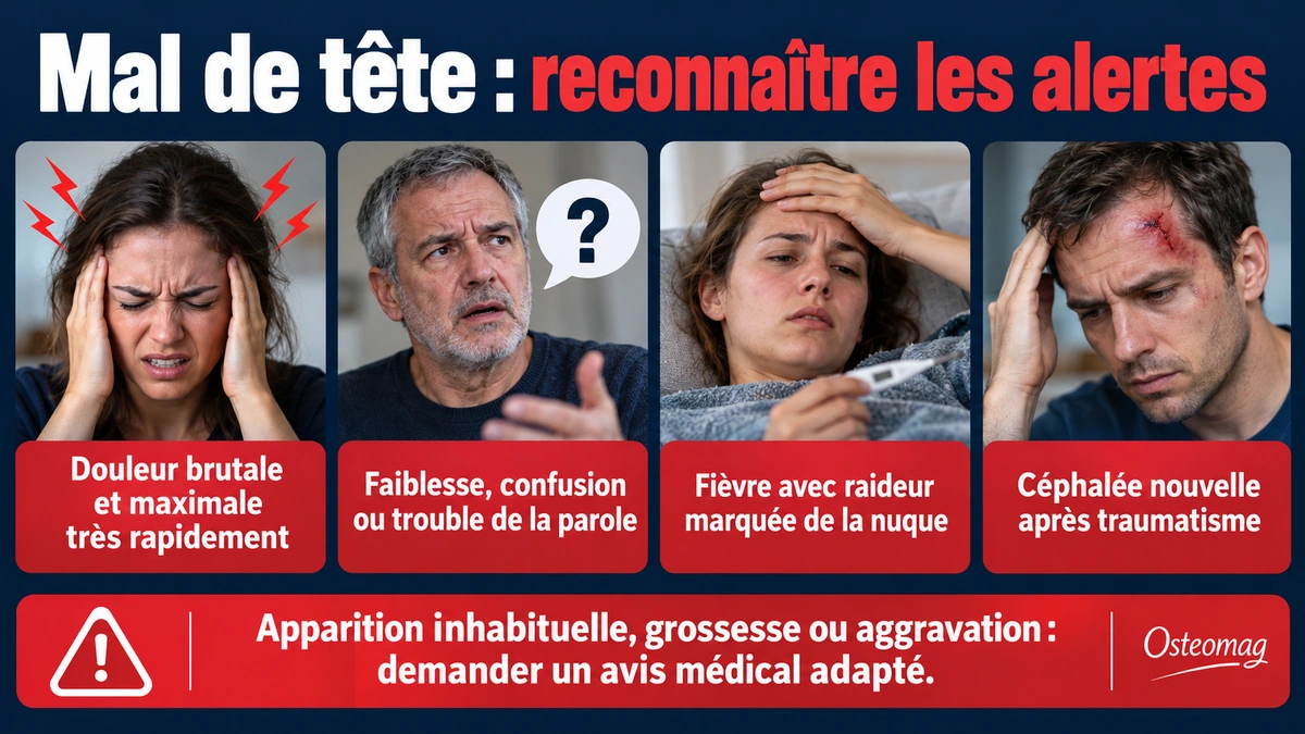 Alertes devant une céphalée : début brutal, déficit neurologique, fièvre ou traumatisme