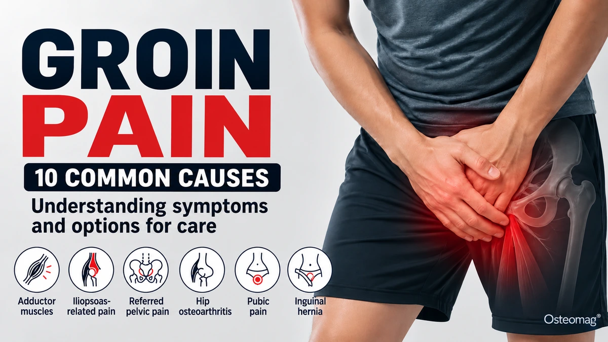 Person holding the groin beside icons representing possible causes of pain