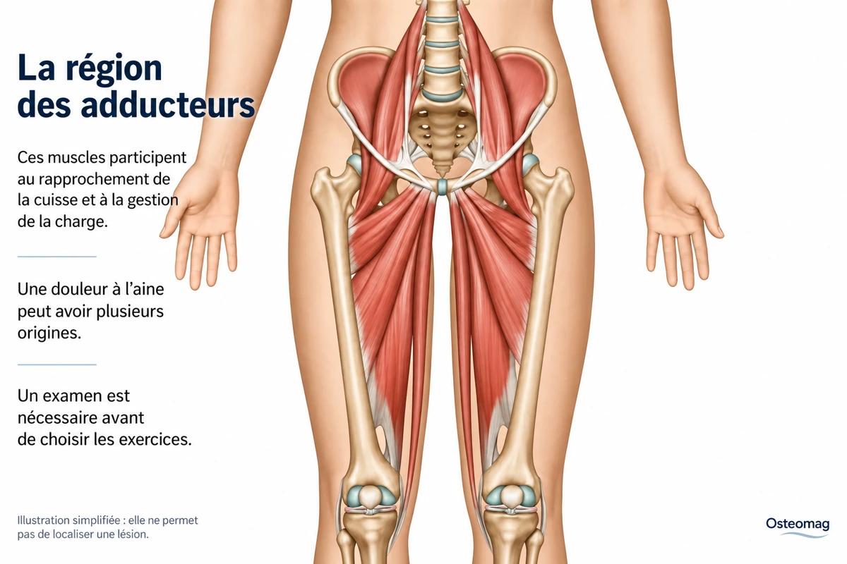 Illustration simplifiée de la région musculaire des adducteurs de la cuisse