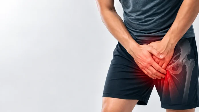Person holding the groin with a stylized overlay of the hip region