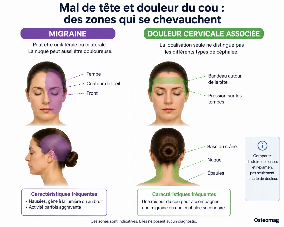 Zones possibles de douleur de tête et du cou qui peuvent se chevaucher