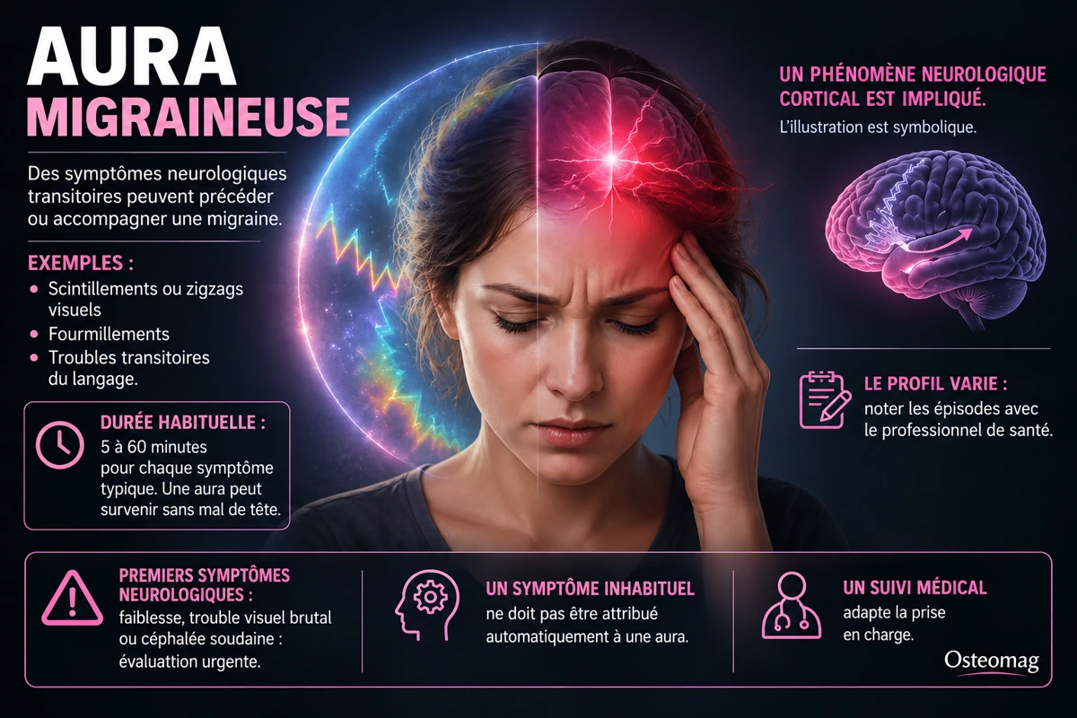 Aura migraineuse : symptômes transitoires et signes neurologiques inhabituels à faire évaluer