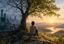 Femme au pied d’un arbre dans un paysage calme