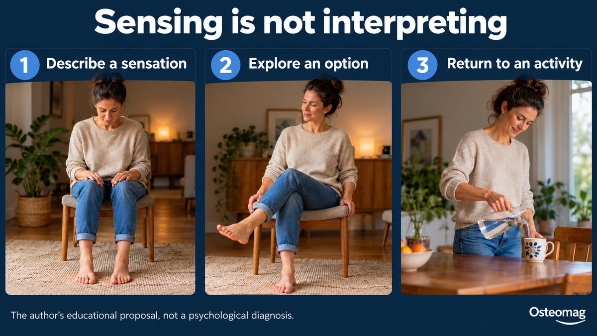A person observes sensations, explores a movement and returns to an activity.