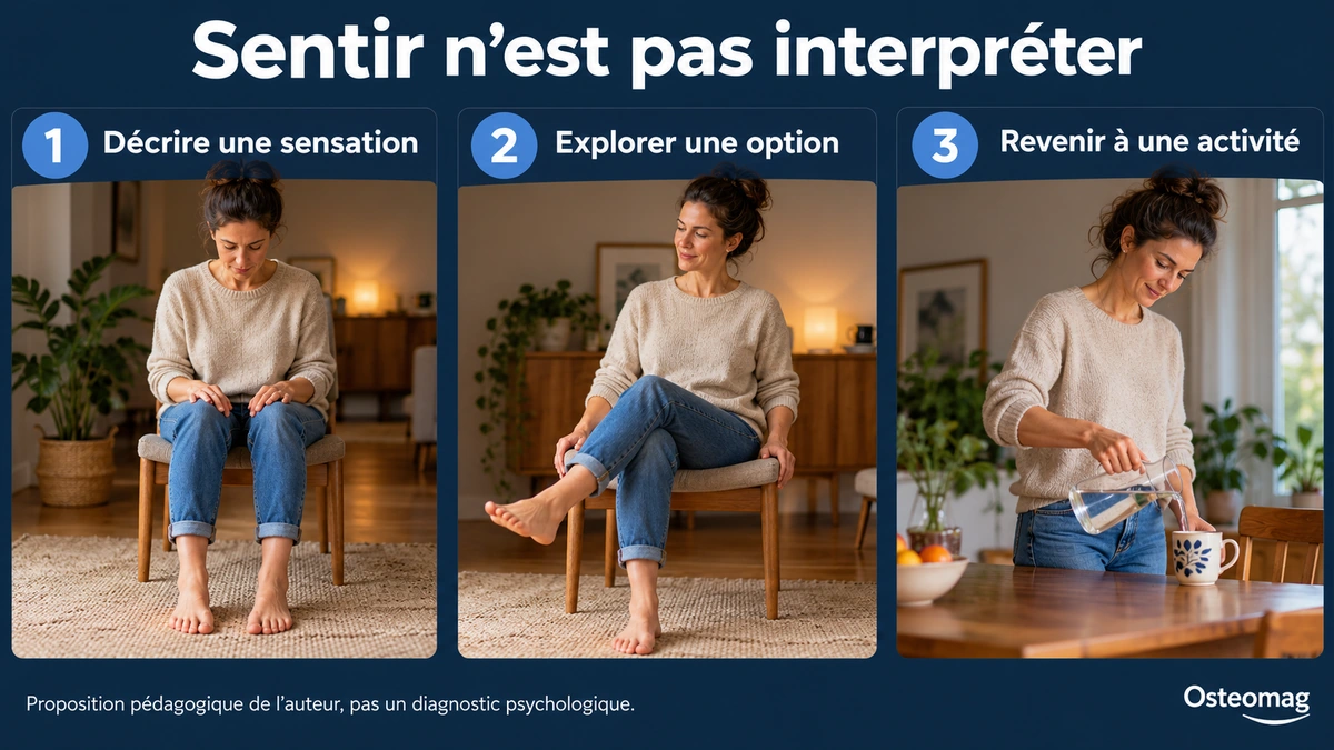 Une personne observe ses sensations, explore un mouvement puis reprend une activité.