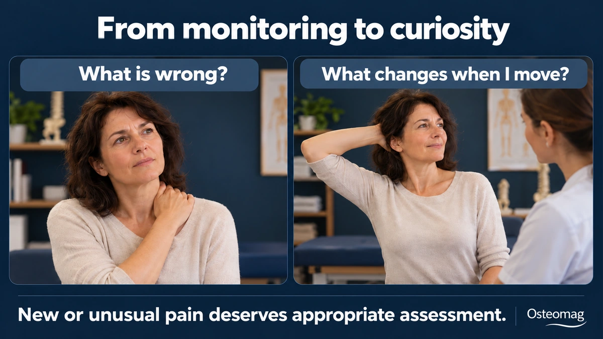 A person moves from questioning discomfort to exploring comfortable movement.