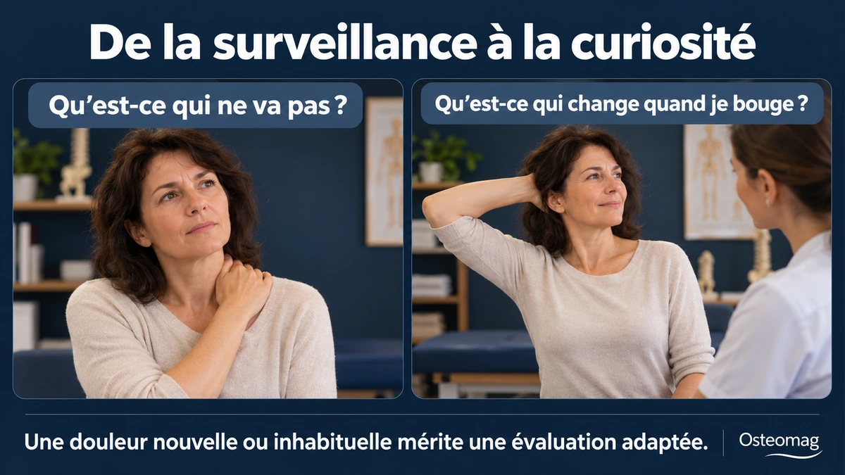 Une personne passe d’une interrogation sur sa gêne à l’exploration d’un mouvement confortable.