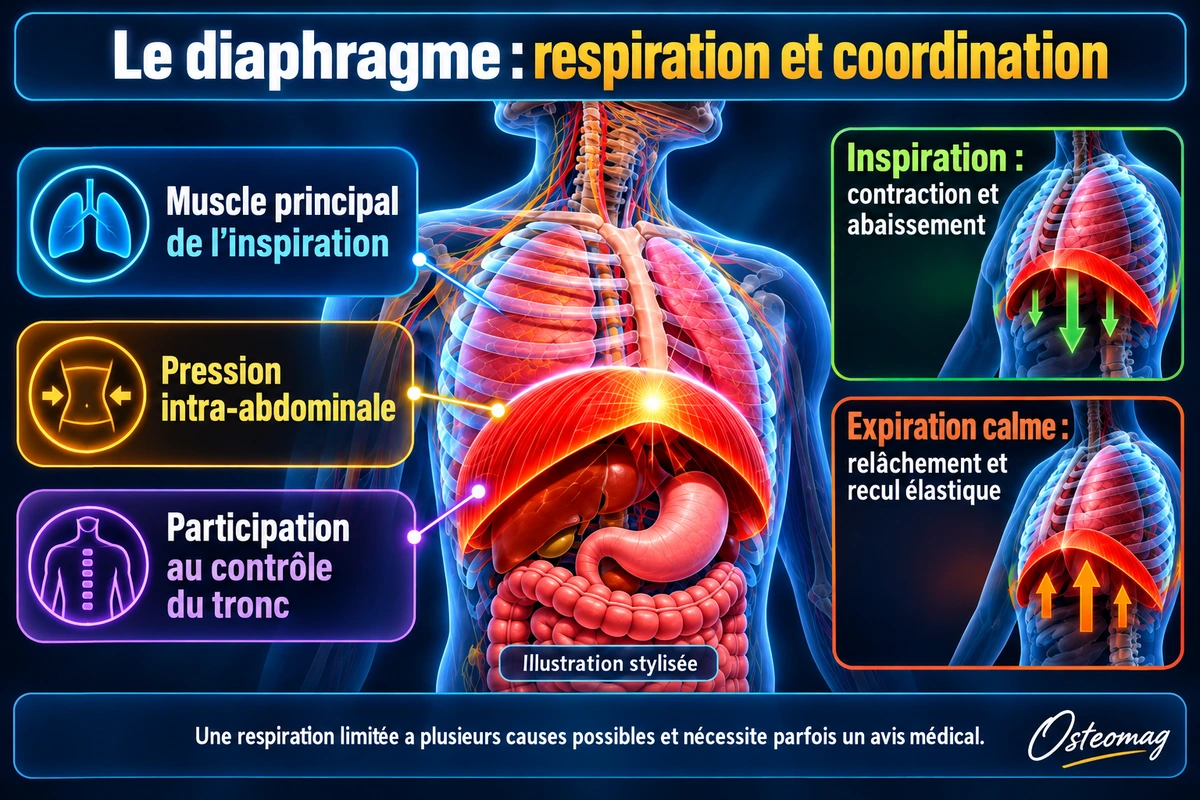 Illustration stylisée des fonctions respiratoires et posturales du diaphragme