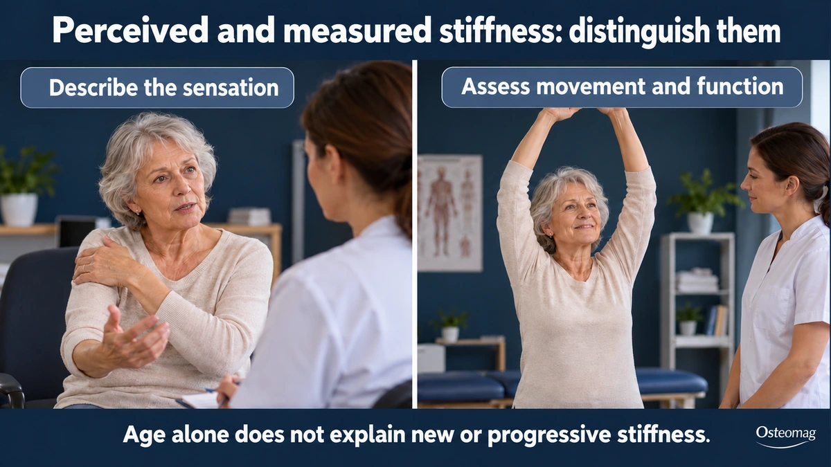 An older woman describes stiffness, then performs a comfortable functional movement.