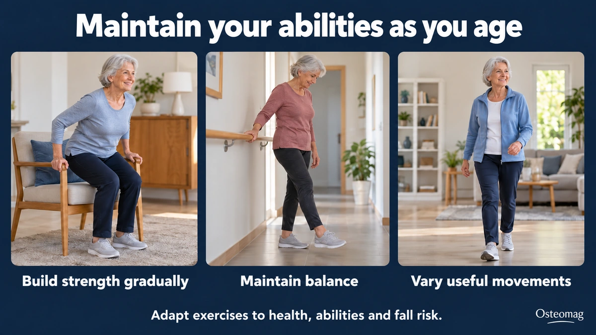 Rising from a chair, balance with a rail and walking in a clear space.