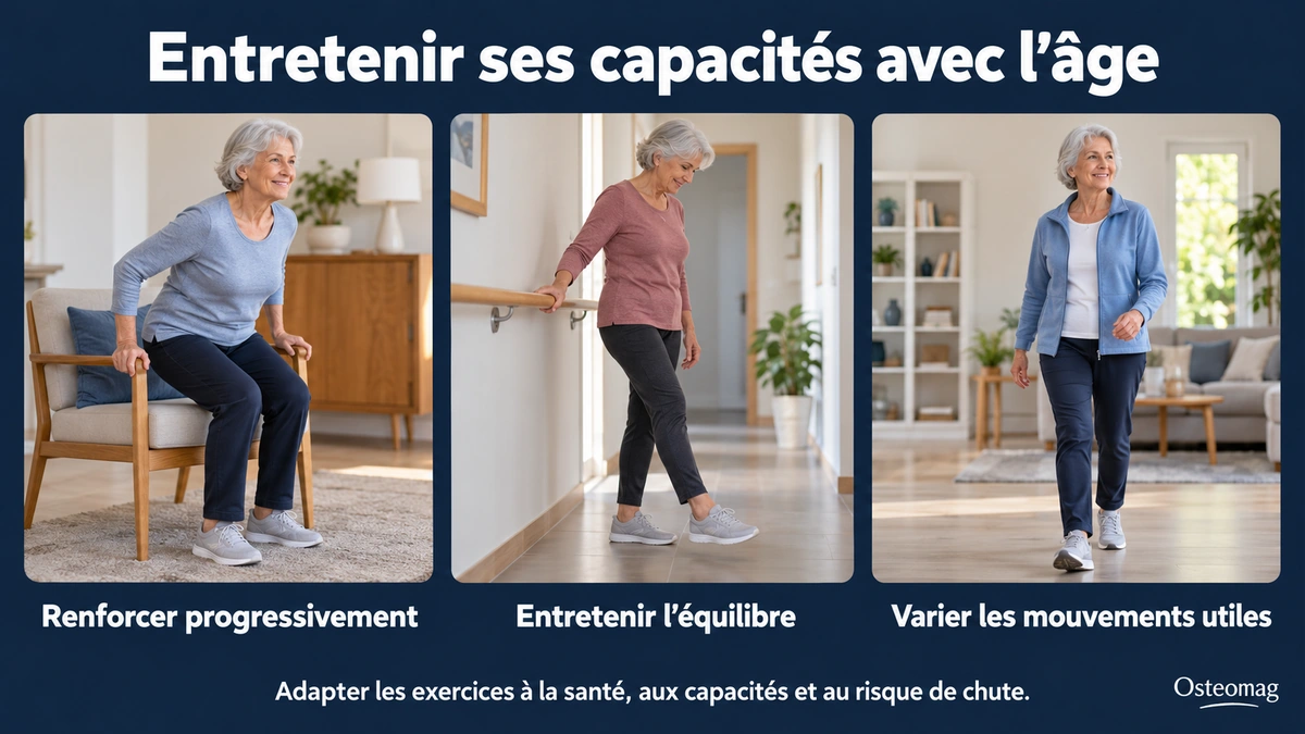 Lever de chaise, équilibre avec rampe et marche dans un espace dégagé.