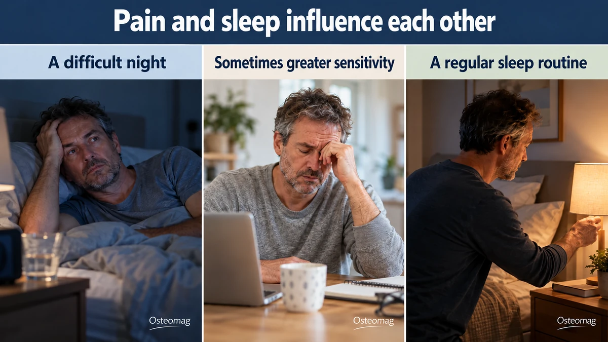 Three educational scenes: pain and sleep influence each other.