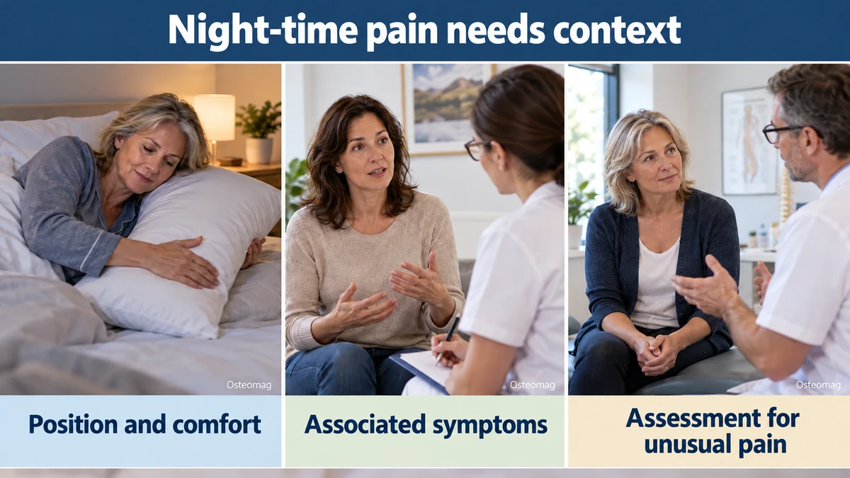 Three educational scenes: night-time pain needs context.