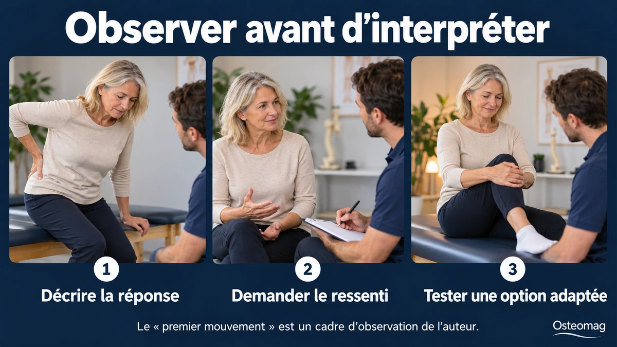Observation d’une hésitation, échange avec la personne puis essai d’un mouvement adapté.