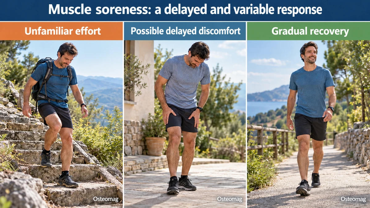Three educational scenes: muscle soreness: a delayed and variable response.