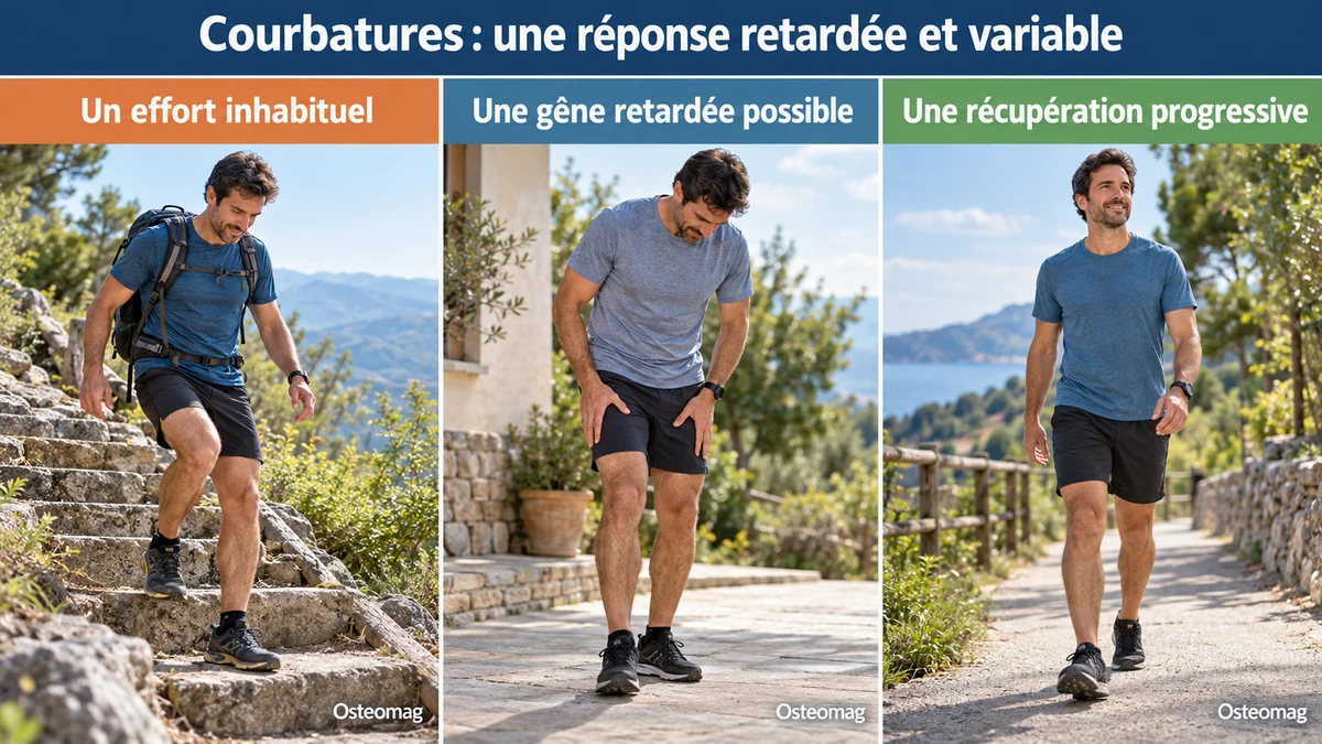 Trois scènes pédagogiques : courbatures : une réponse retardée et variable.