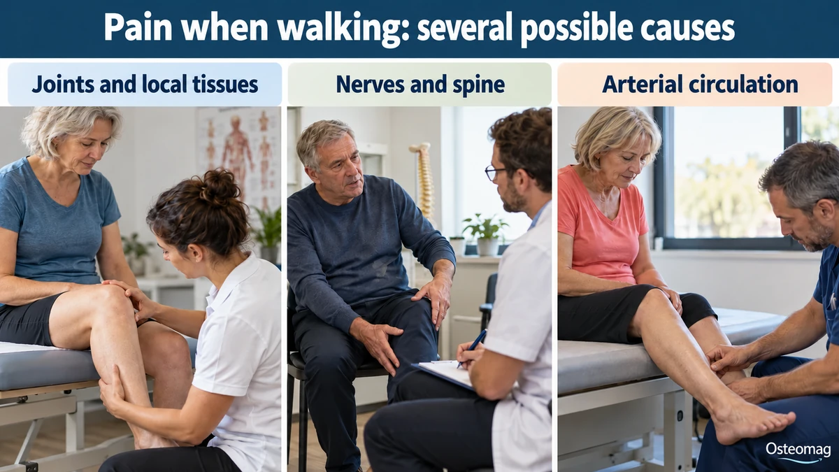 Three educational scenes: pain when walking: several possible causes.