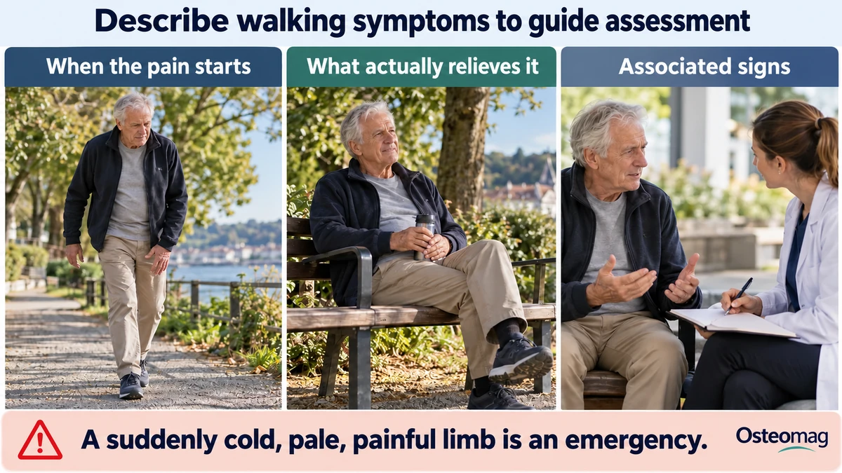 Three educational scenes: describe walking symptoms to guide assessment.