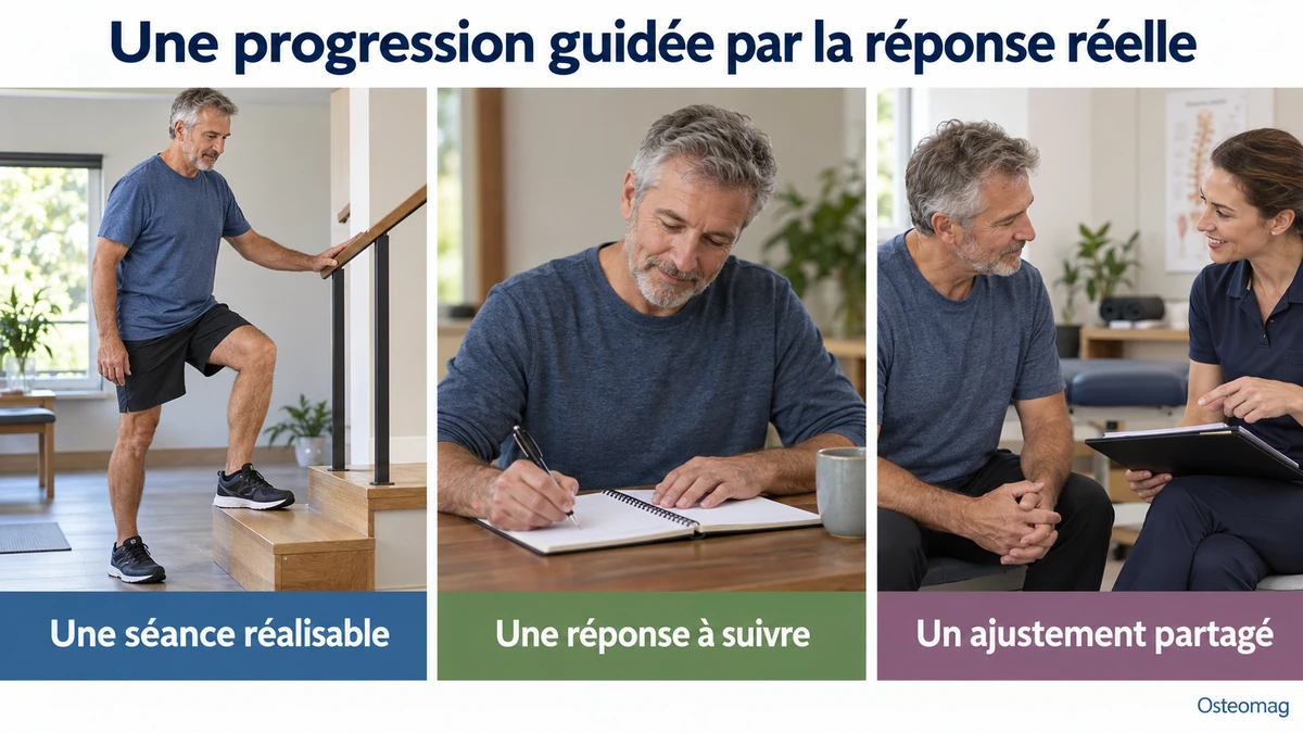 Trois scènes pédagogiques : une progression guidée par la réponse réelle.