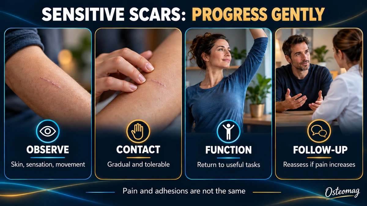 Four Osteomag guideposts for a healed but sensitive scar: observe, gradual contact, useful movements, and monitoring.