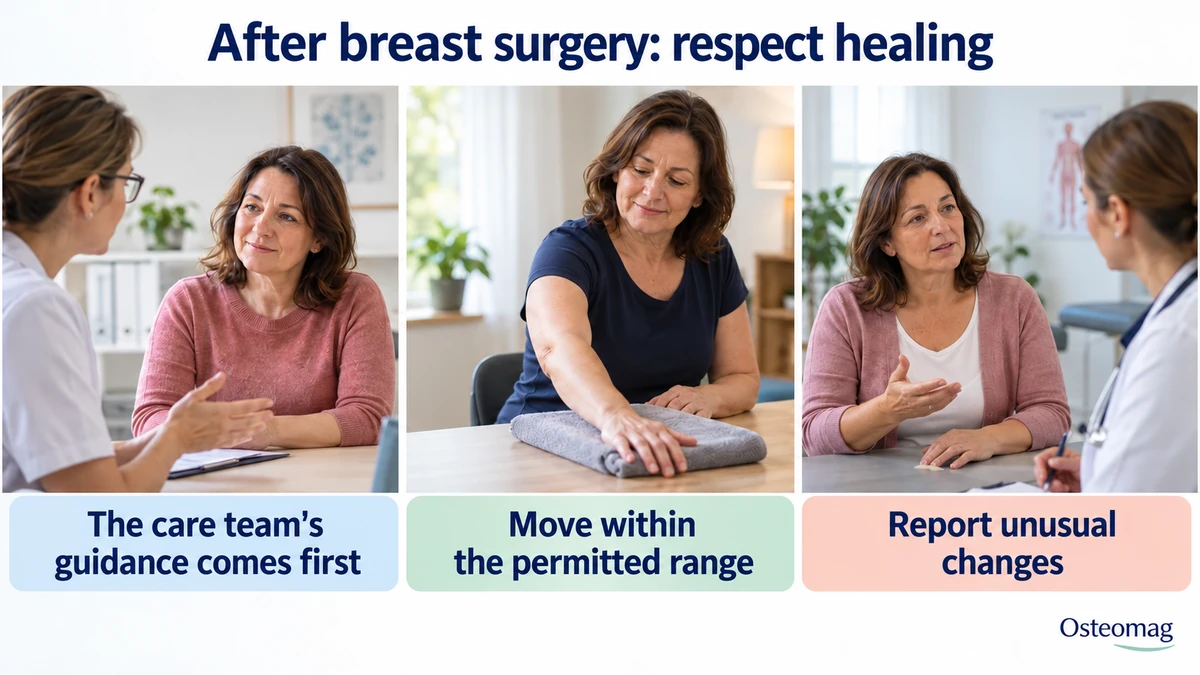 Three educational scenes: after breast surgery: respect healing.