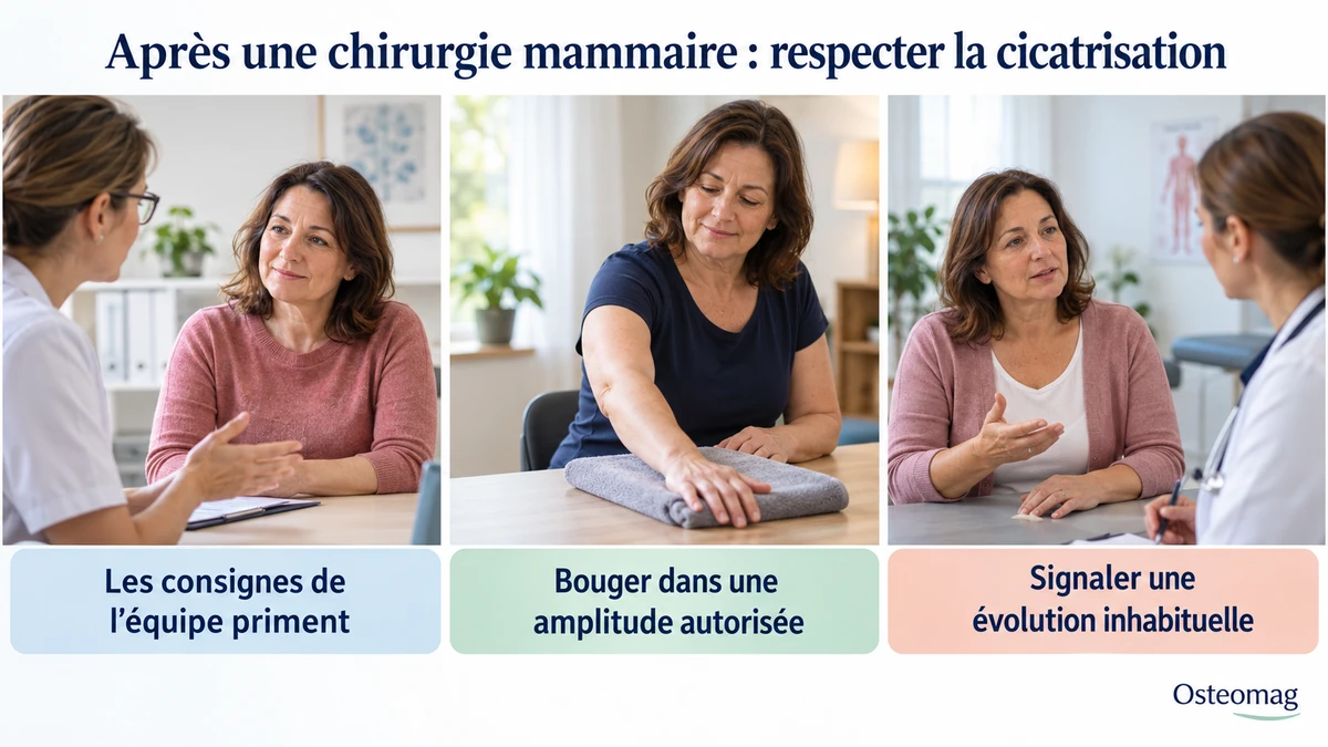 Trois scènes pédagogiques : après une chirurgie mammaire : respecter la cicatrisation.