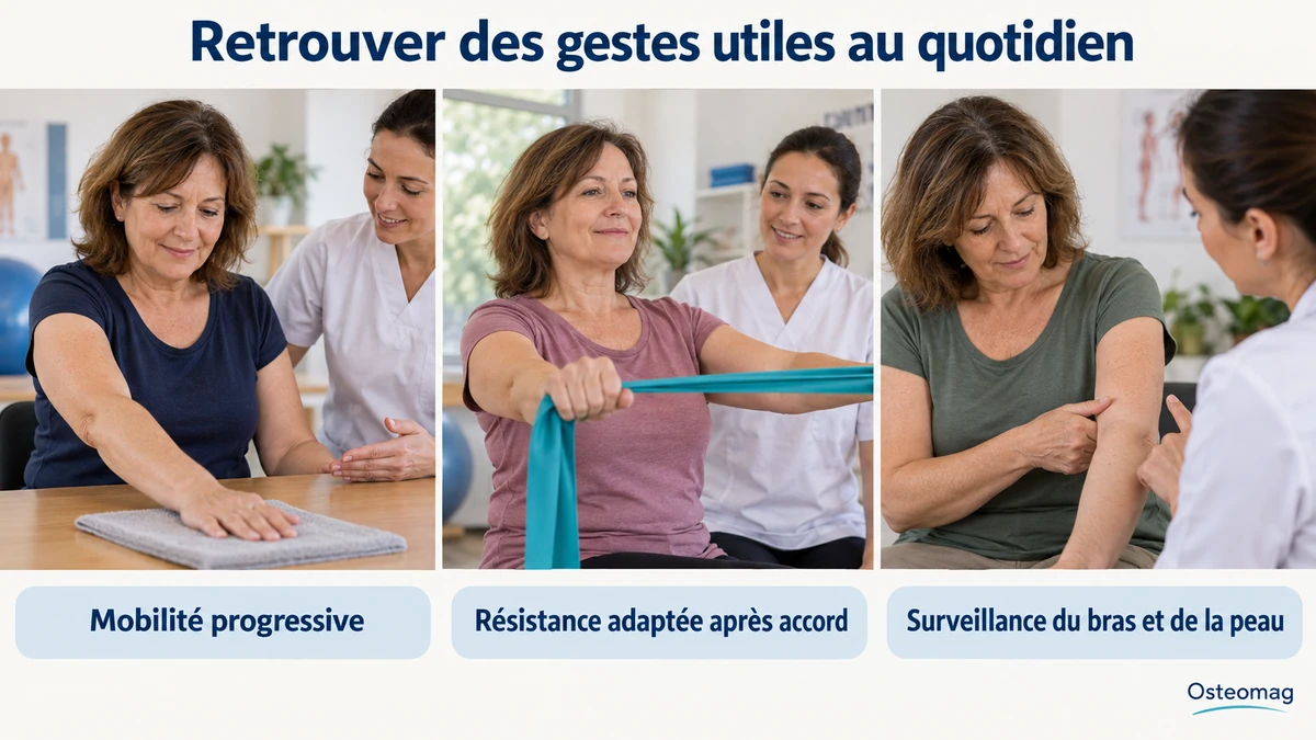 Trois scènes pédagogiques : retrouver des gestes utiles au quotidien.