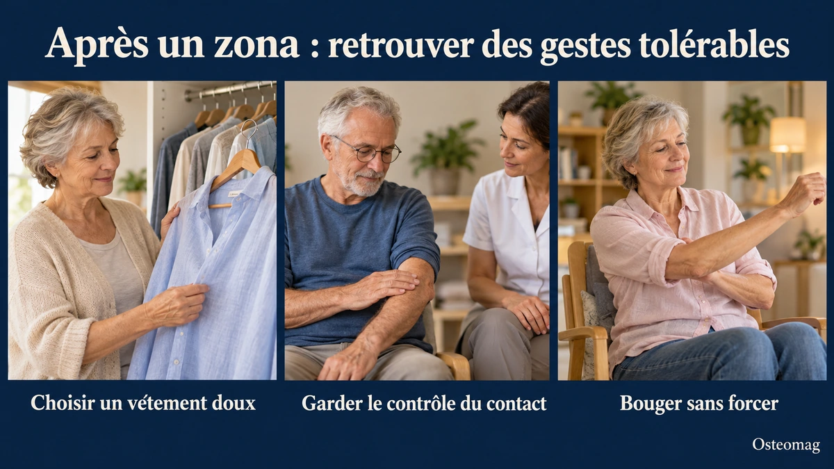 Trois scènes de reprise après guérison cutanée : choisir un tissu doux, contrôler un auto-contact léger et bouger confortablement.