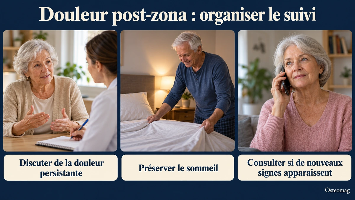Trois domaines du suivi après zona : consultation pour la douleur persistante, confort du sommeil et appel devant de nouveaux signes.