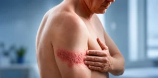 Illustration du zona : homme présentant une éruption localisée sur le côté du thorax.