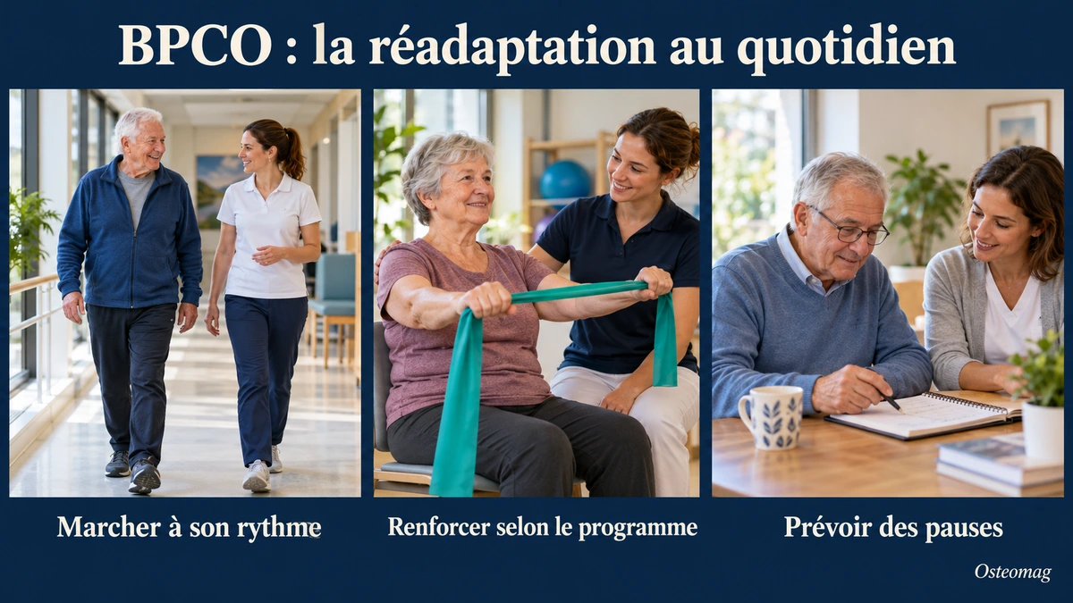 Trois situations de réadaptation respiratoire : marche accompagnée, exercice léger supervisé et organisation des pauses.