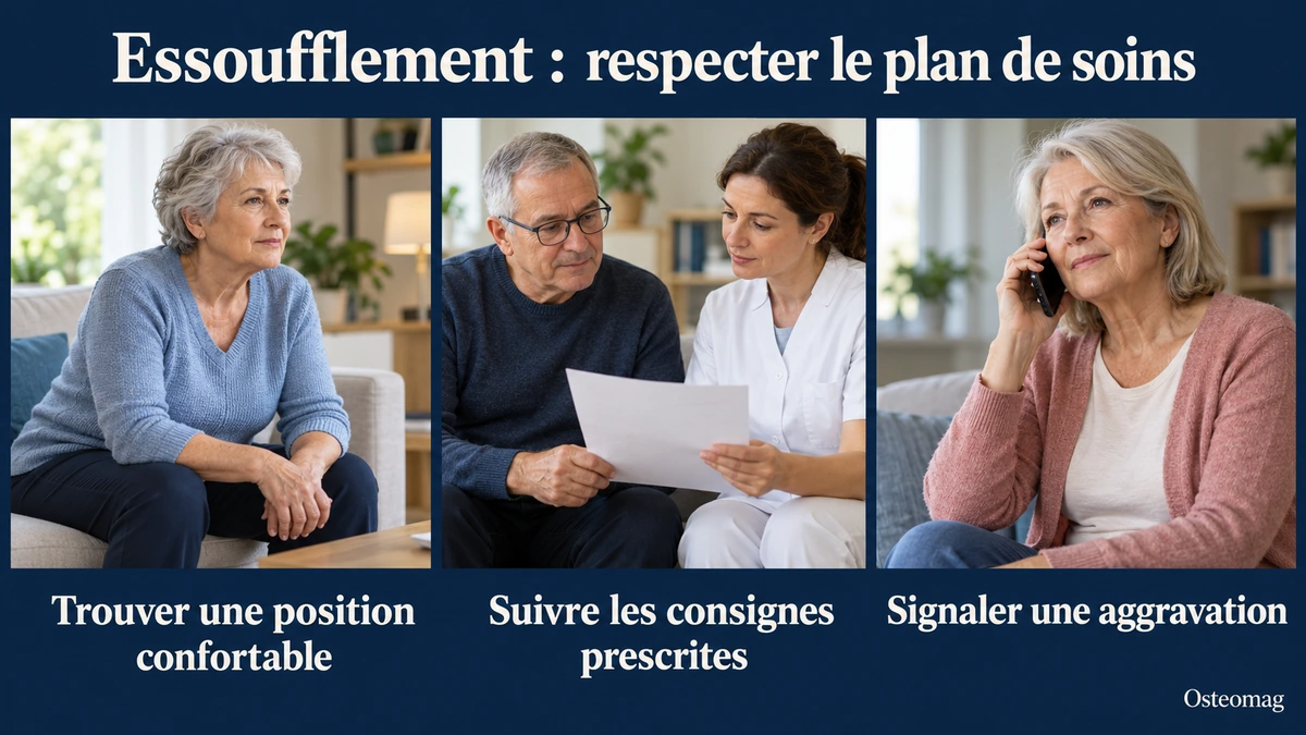 Un adulte trouve une position assise confortable, relit son plan avec un professionnel puis contacte l’équipe devant une aggravation.