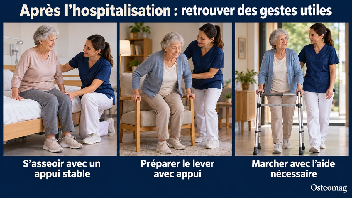 Trois étapes accompagnées : s’asseoir avec appui, préparer le lever et marcher avec une aide technique.