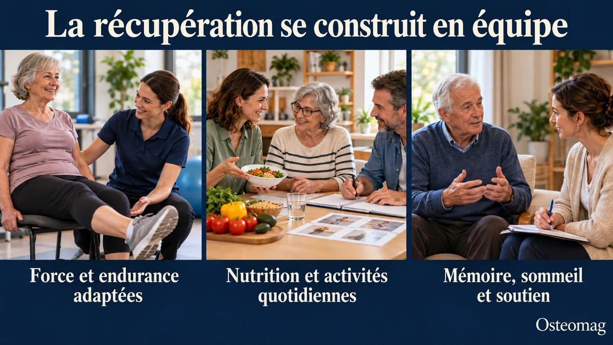 Trois domaines du suivi : exercice adapté, nutrition et tâches quotidiennes, puis mémoire, sommeil et soutien.