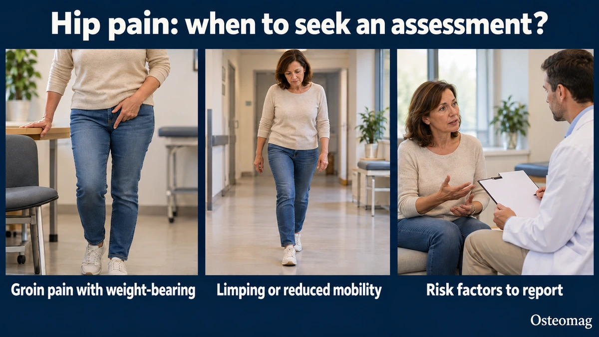 Three scenes showing groin pain with weight-bearing, a guarded gait and a medical consultation.