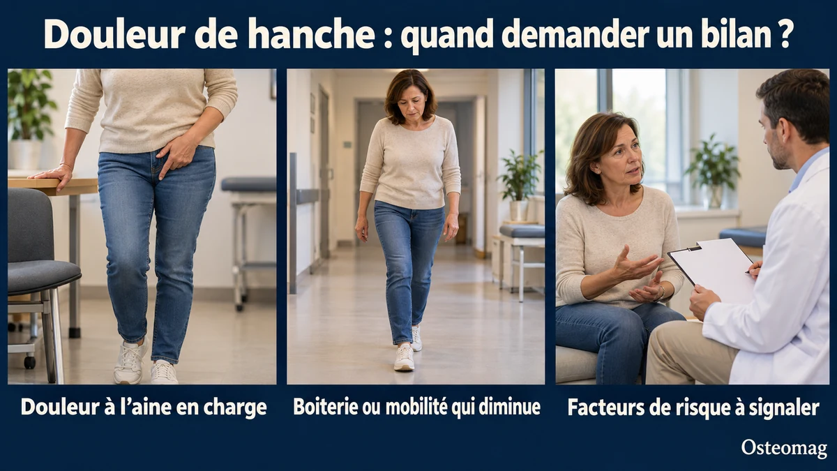 Trois scènes illustrant une douleur inguinale en charge, une marche gênée et une consultation médicale.