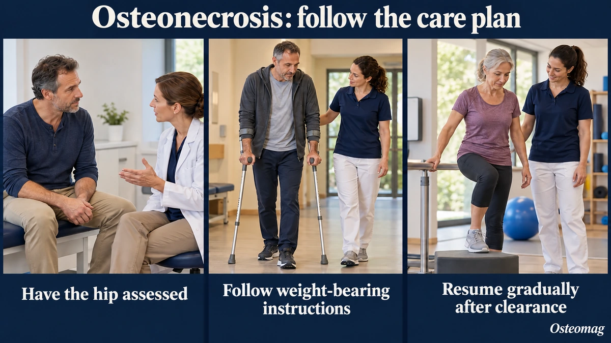 Three situations: a hip consultation, supervised walking with crutches and supported functional rehabilitation.
