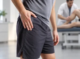Femoral Head Osteonecrosis: Pain, Imaging and Referral Clinical illustration of hip discomfort in an adult, without anatomical overlays or simulated imaging.
