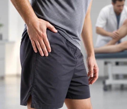 Clinical illustration of hip discomfort in an adult, without anatomical overlays or simulated imaging.