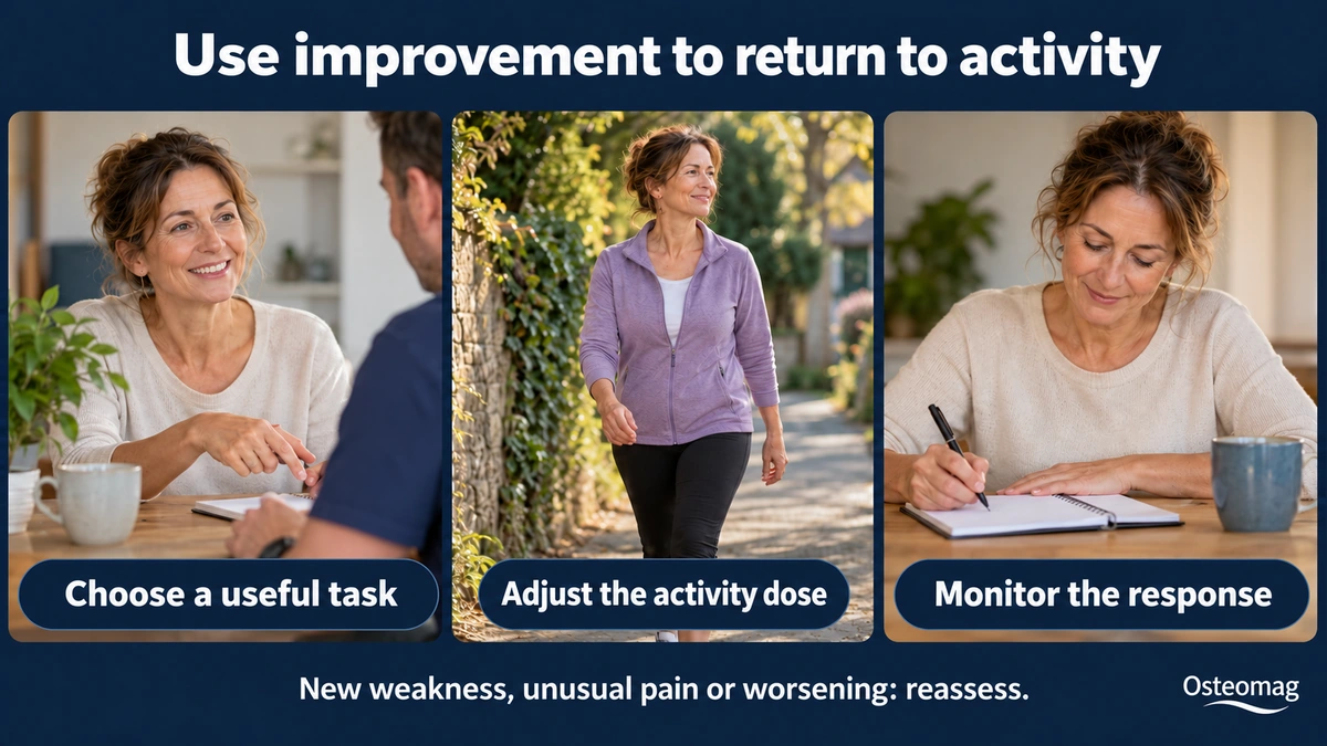Choosing a useful activity, adapted walking and monitoring the response.